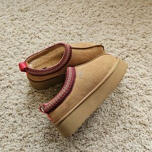 UGG Chestnut Suede Platform Slip-On Clog with Red Trim
